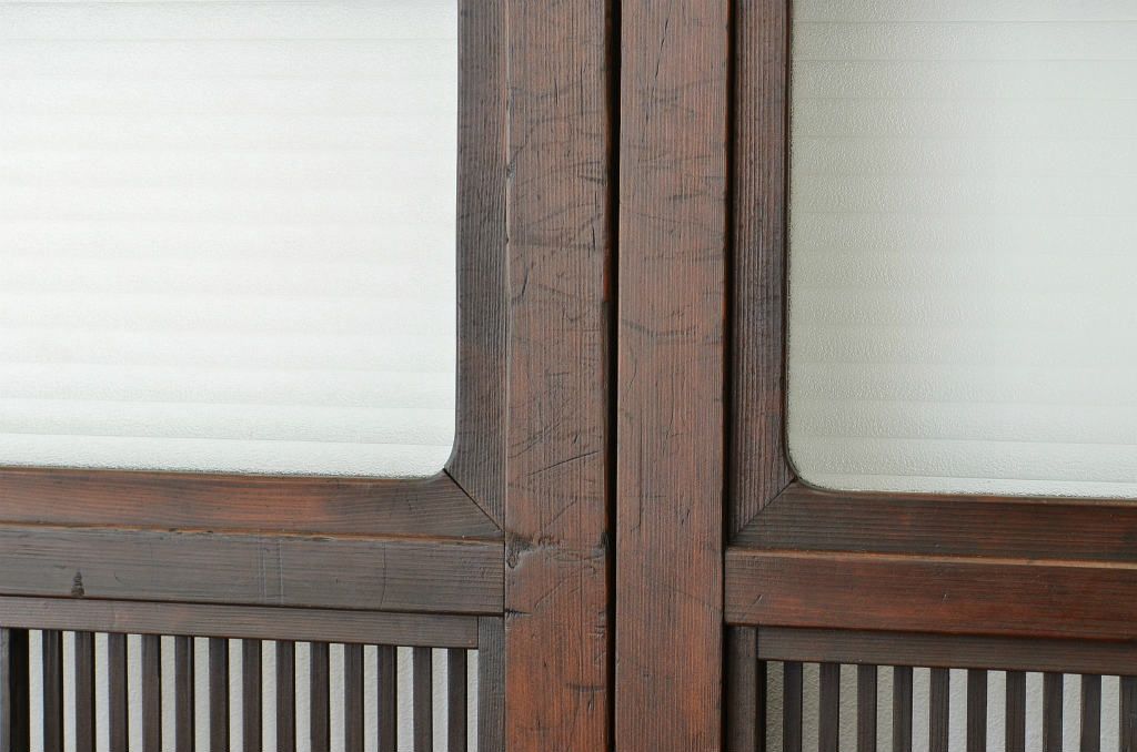 ★古民具　骨董　素敵な銀モールガラス格子戸3枚セット(裏障子付き)