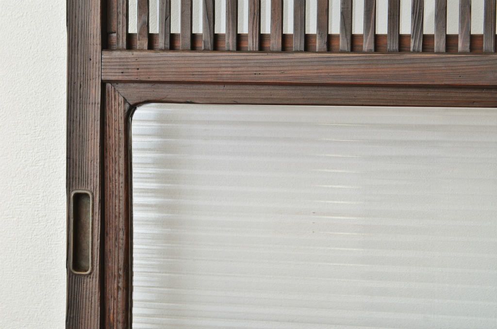古民具　骨董　クリアと銀モールガラス入りのガラス格子戸1枚(引き戸、アンティーク)