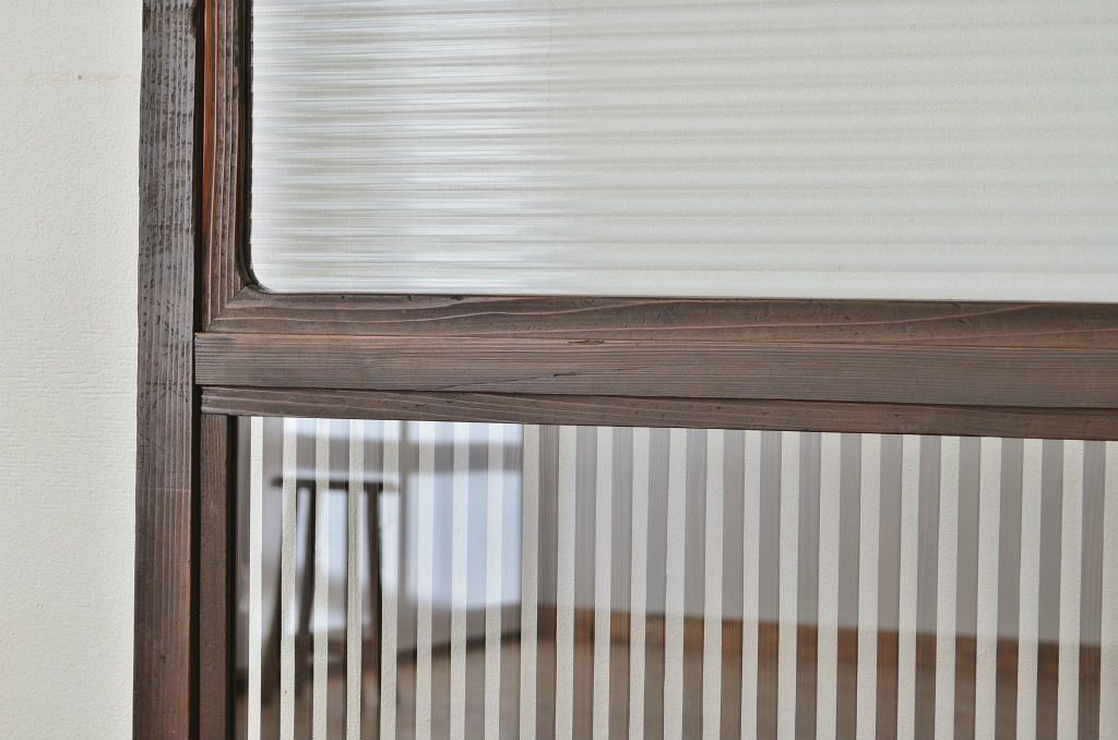 古民具　骨董　クリアと銀モールガラス入りのガラス格子戸1枚(引き戸、アンティーク)