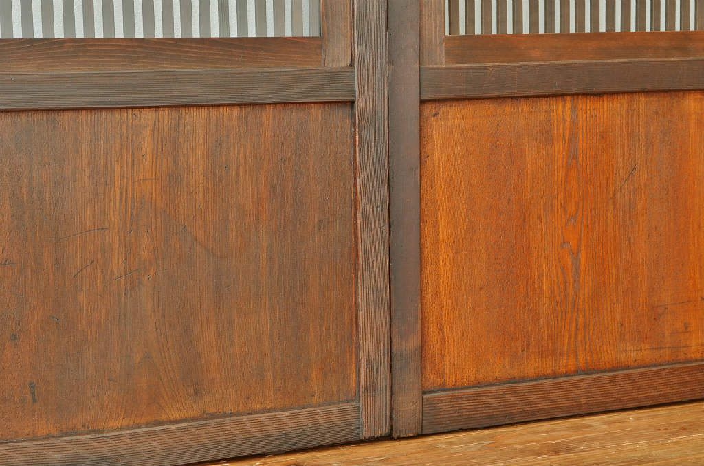 ★古民具 骨董 クリアと銀モールガラス入り腰板欅のガラス格子戸2枚セット(引き戸)