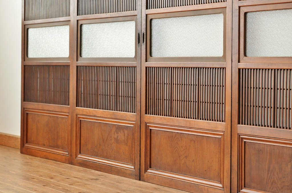 古民具・骨董 細身で上質なダイヤガラス格子戸4枚セット(裏障子付き)引き戸