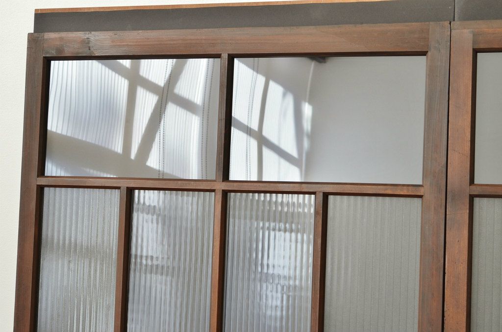 古民具・骨董 古い木のモールとダイヤのガラス引き戸2枚セット(ガラス戸)