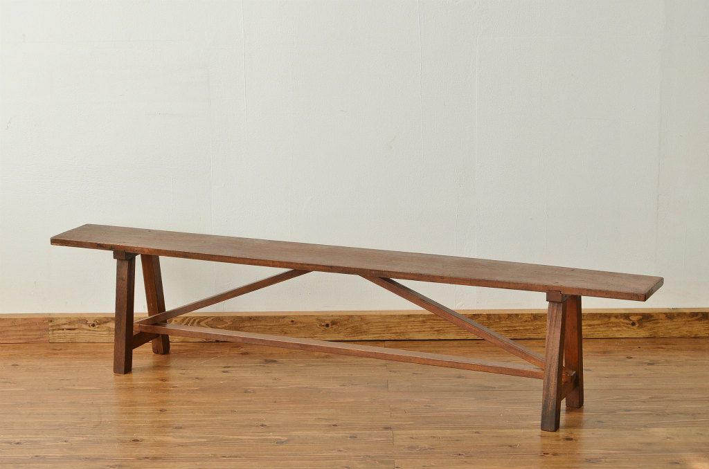 レトロ家具　★昭和レトロ 古い木のシンプルなアンティークベンチ(長椅子・イス・いす)
