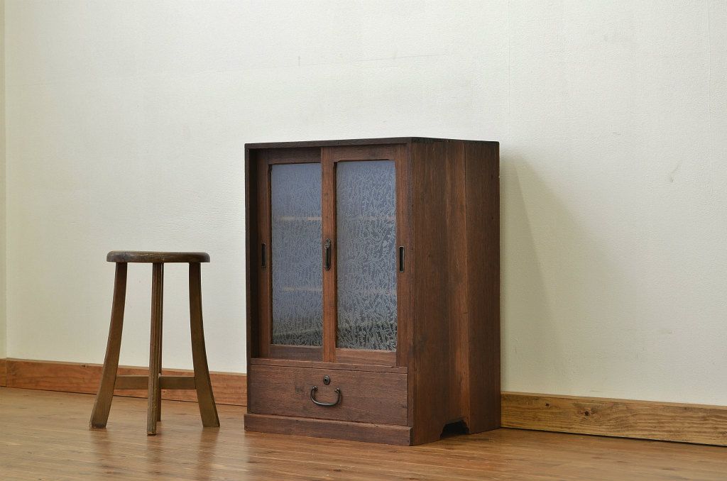 アンティーク家具　アンティーク 小さな結霜ガラス収納棚(本箱)