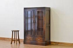 アンティーク家具　アンティーク古い木の格子扉本箱(収納棚・ブックケース)