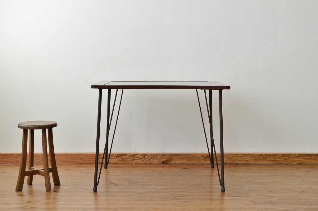 アンティーク家具　☆天板無垢材の鉄脚テーブル(鉄足、机、在宅ワーク、在宅用テーブル、作業台、デスク)