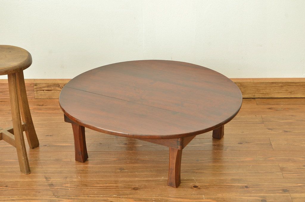 レトロ家具　昭和レトロ　古い木のシックな無垢板丸ちゃぶ台(テーブル)アンティーク