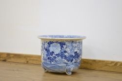 明治期・花鳥の図!古い染付植木鉢