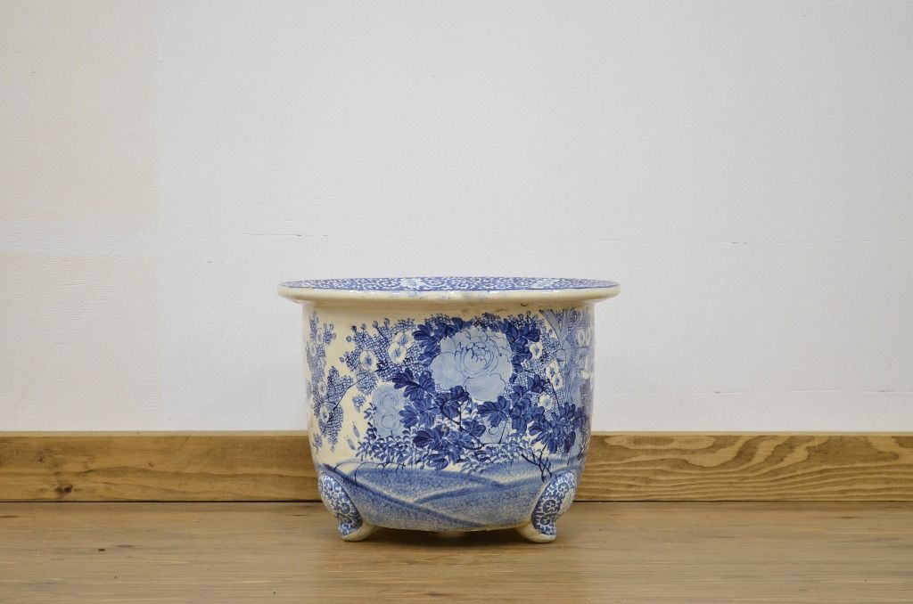 明治期・花鳥の図!古い染付植木鉢