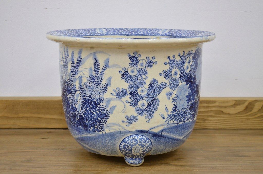 明治期・花鳥の図!古い染付植木鉢