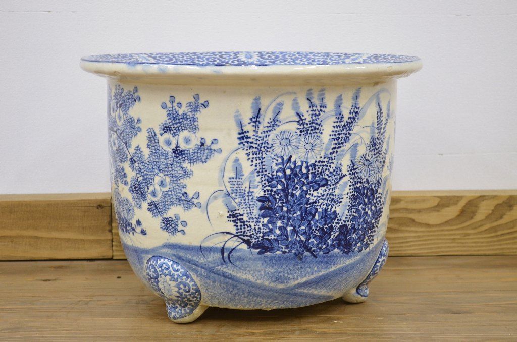 明治期・花鳥の図!古い染付植木鉢