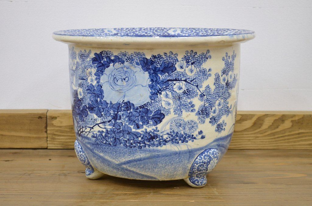 明治期・花鳥の図!古い染付植木鉢