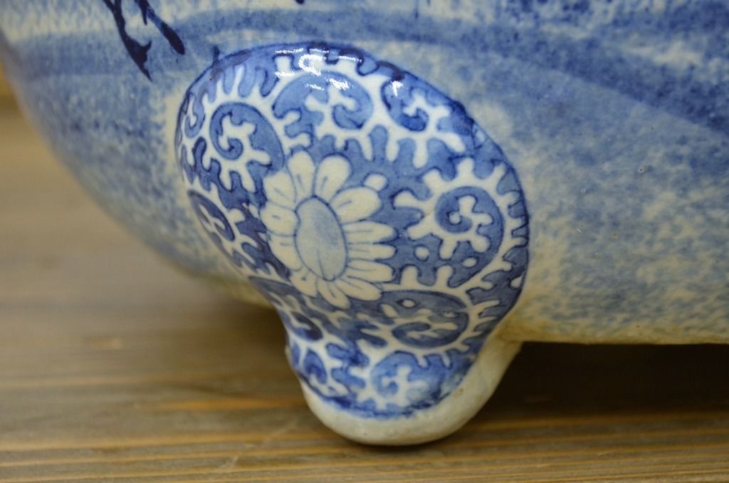明治期・花鳥の図!古い染付植木鉢