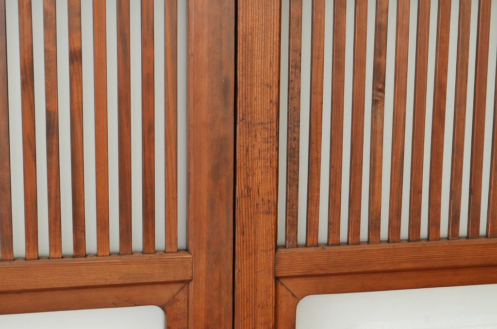 古民具・骨董 腰板欅のガラス入り格子戸4枚セット(引き戸・建具)