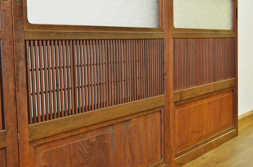 古民具・骨董 腰板欅のダイヤガラス格子戸4枚セット(裏障子付き)