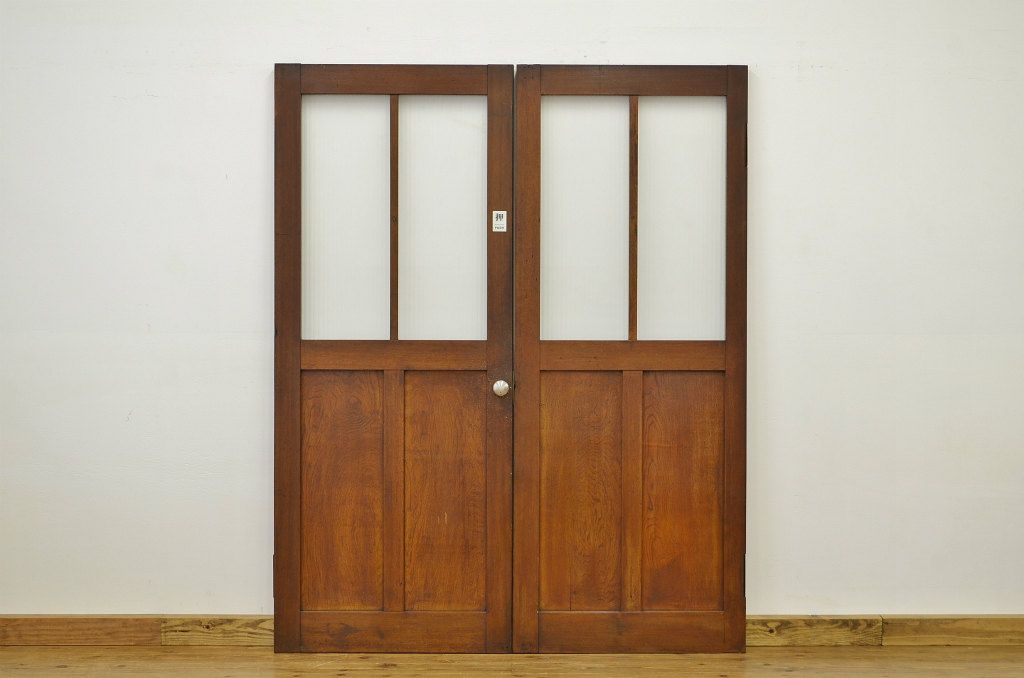 ★アンティーク シックな観音開きの銀モールガラスドア一対(扉・建具)