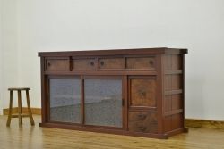 アンティーク家具　古い木の結霜ガラス水屋箪笥サイドボード?