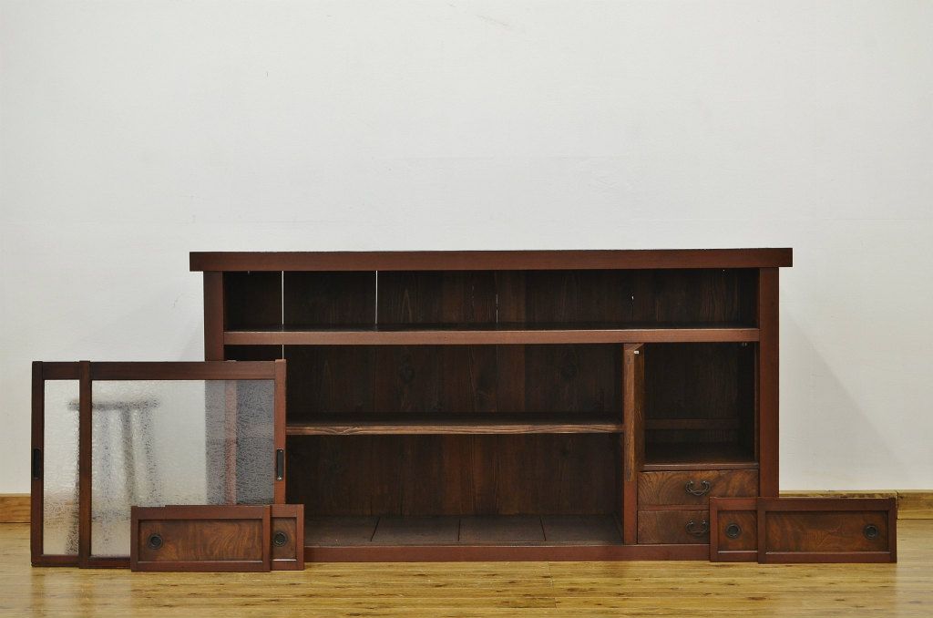 アンティーク家具　古い木の結霜ガラス水屋箪笥サイドボード?
