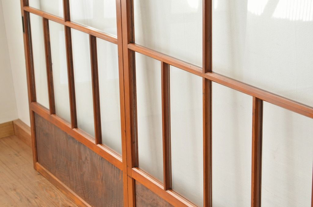 古い木の腰板栗材アンティークガラス引き戸3枚セット(扉、建具)