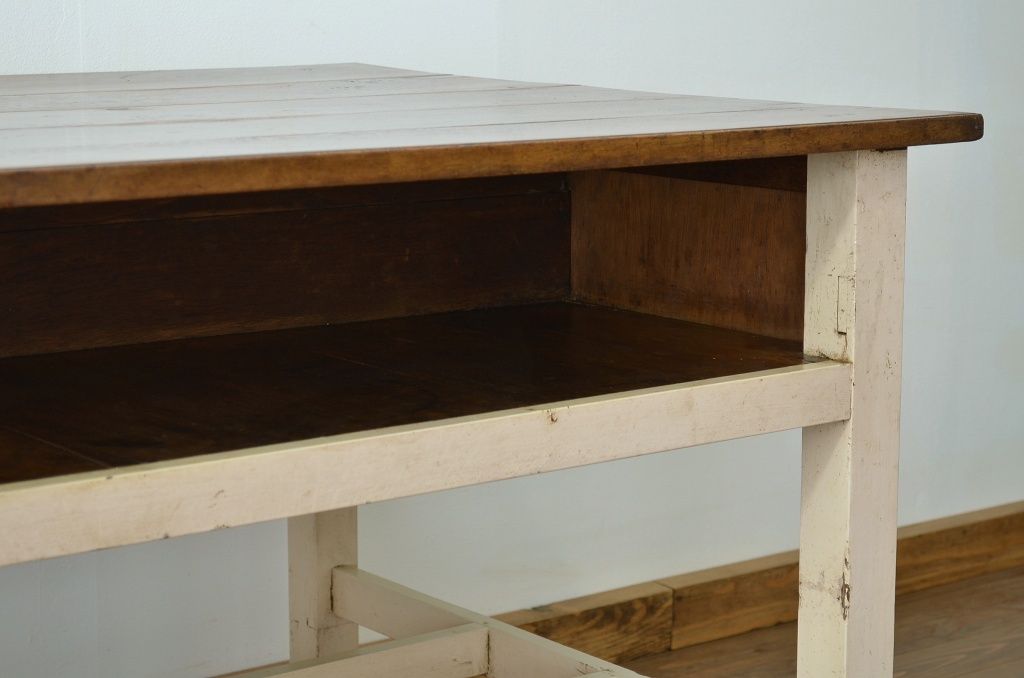 アンティーク家具　天板ナラ材の引き出し付き大型ペイント作業台(1)