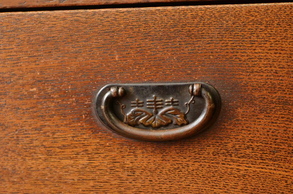 アンティーク家具　古民具・骨董　重厚な格子引き戸の結霜ガラス水屋箪笥サイドボード(食器棚、収納棚)