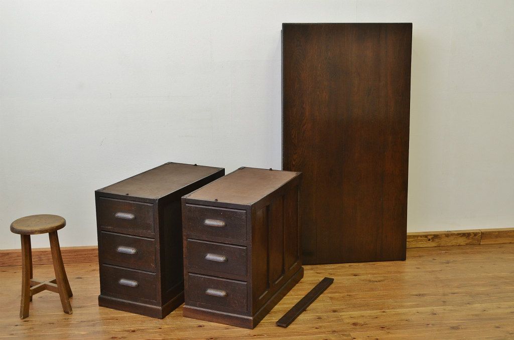 アンティーク家具　古いナラ材のシックな組み立て式両袖机