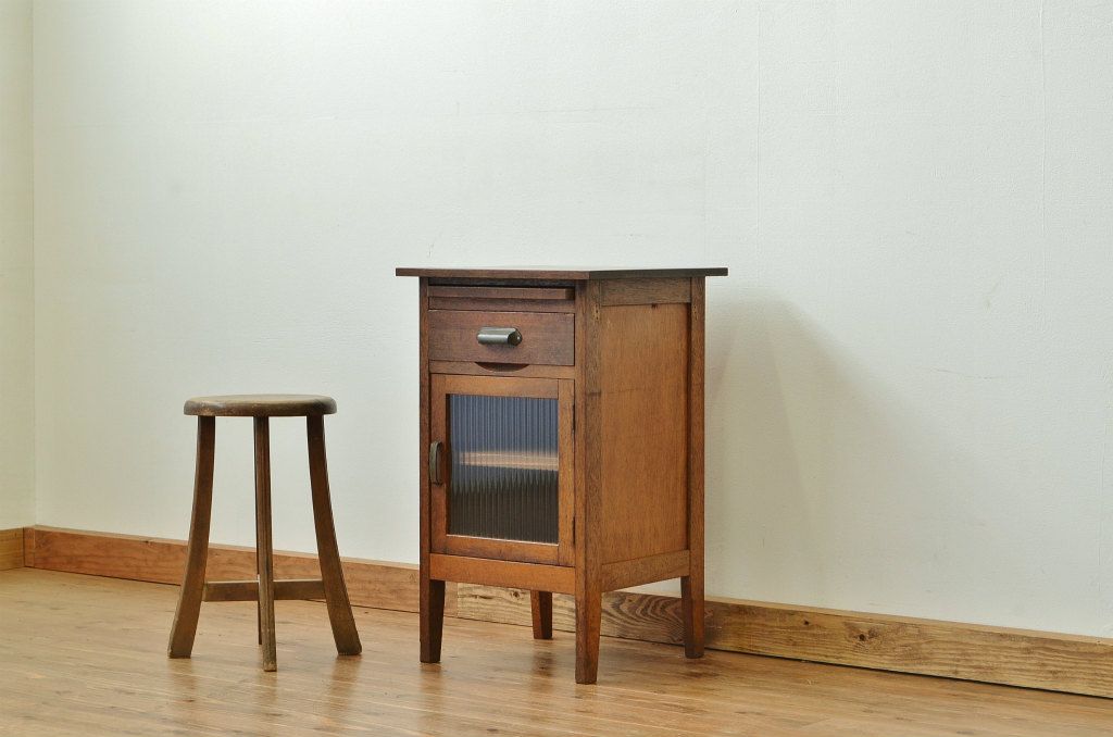 アンティーク家具　モールガラスの引き出し付きサイドデスク?(作業台・収納棚)