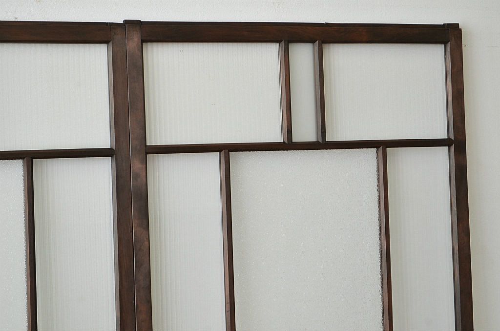 古民具・骨董 腰板欅の色ガラス入り高級引き戸3枚セット(建具・ガラス戸)