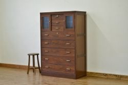 レトロ家具　昭和レトロ　モールガラスと小引き出し付きチェスト(箪笥・たんす)
