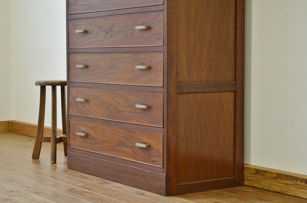 レトロ家具　昭和レトロ　モールガラスと小引き出し付きチェスト(箪笥・たんす)