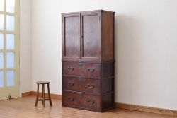アンティーク家具　古民具・骨董 珍品希少!前面欅玉杢の重ね時代収納棚(箪笥・チェスト)