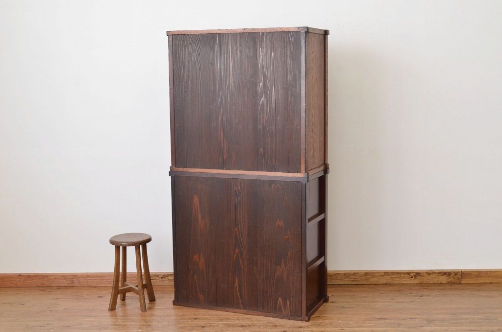 アンティーク家具　古民具・骨董 珍品希少!前面欅玉杢の重ね時代収納棚(箪笥・チェスト)