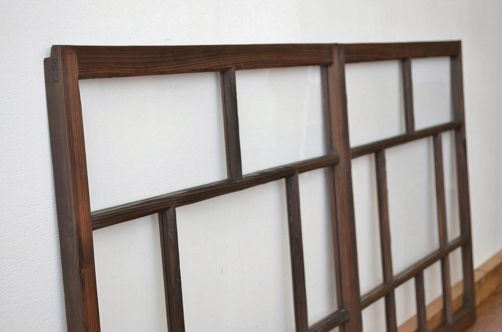 昭和レトロ 古い木のアンティークガラス引き戸2枚セット(窓 建具)