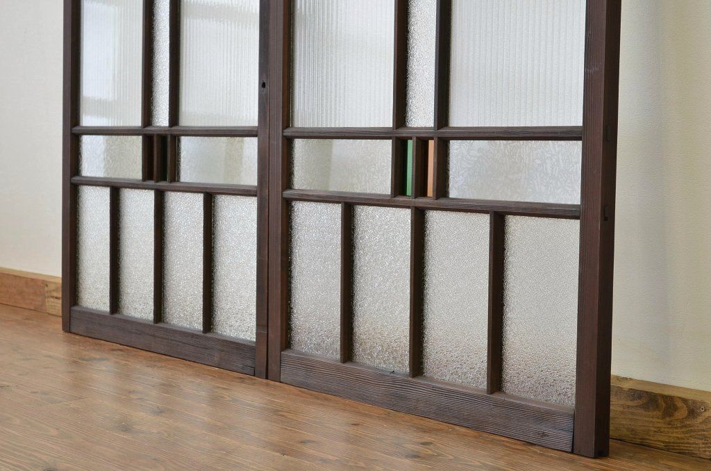 古民具・骨董 貴重な色ガラス入り引き戸2枚セット(ガラス戸・窓)