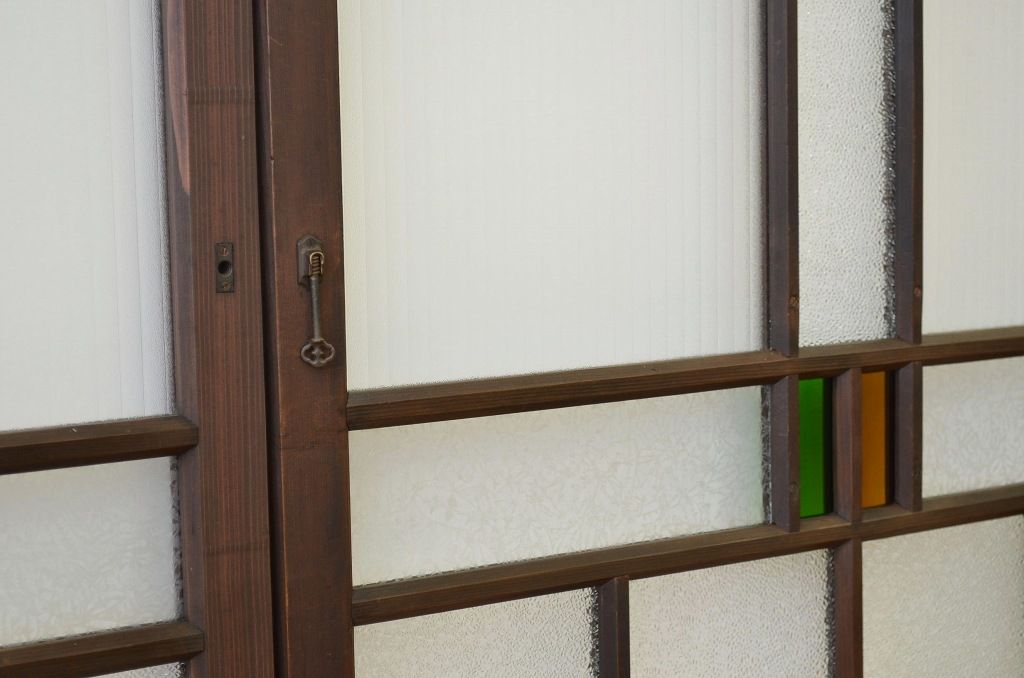 古民具・骨董 貴重な色ガラス入り引き戸2枚セット(ガラス戸・窓)