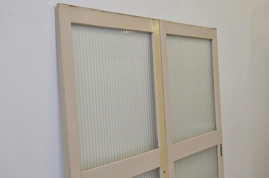 昭和レトロ 大版銀モールガラスのペイント引き戸2枚セット(3)(ガラス戸・建具)