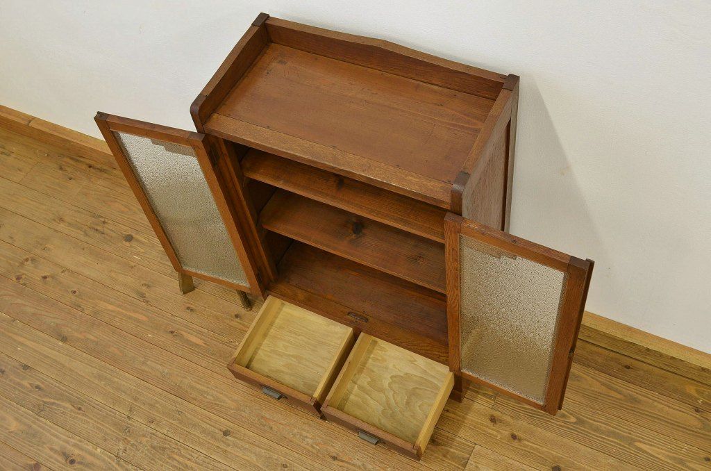 レトロ家具　昭和レトロ ダイヤガラスのアンティーク本箱(書棚)
