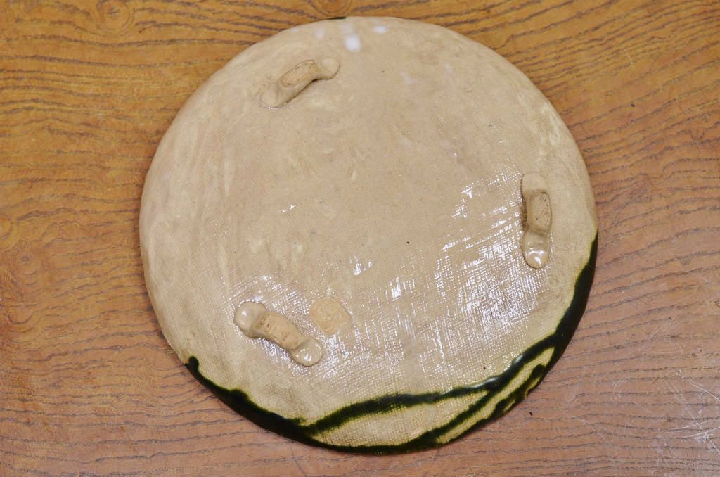 アンティーク雑貨　■古い織部焼?在銘皿(布目)