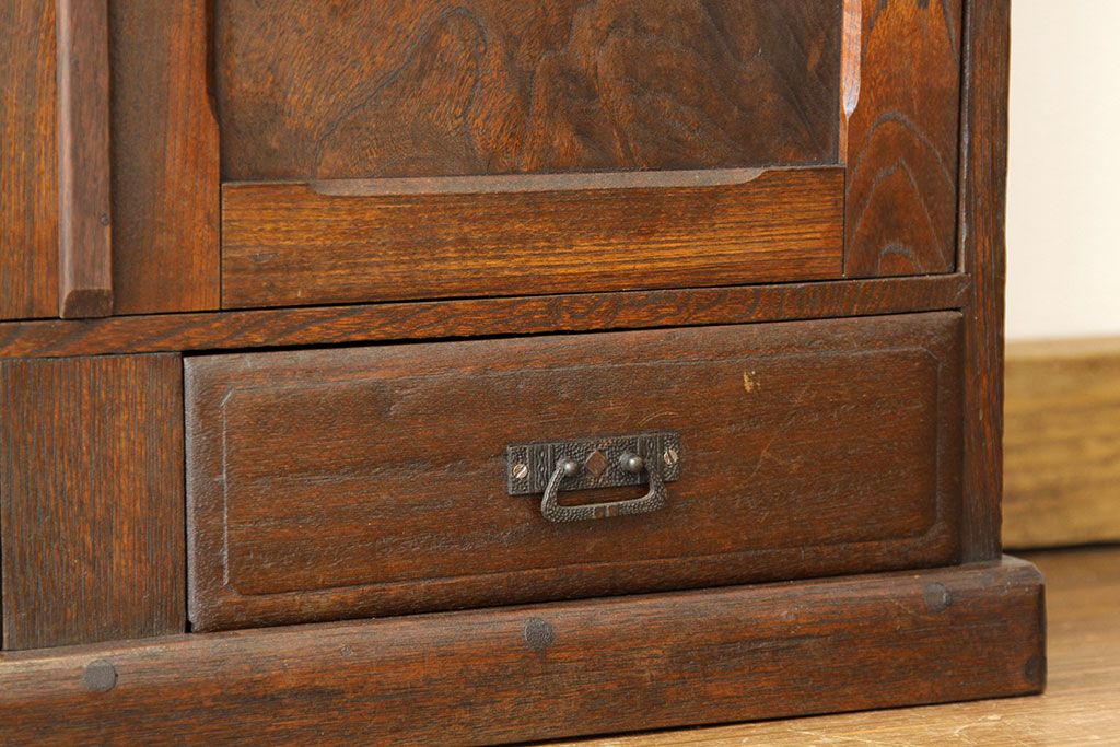 アンティーク家具　アンティーク　古い木のモールガラス本箱(書棚・ブックケース)