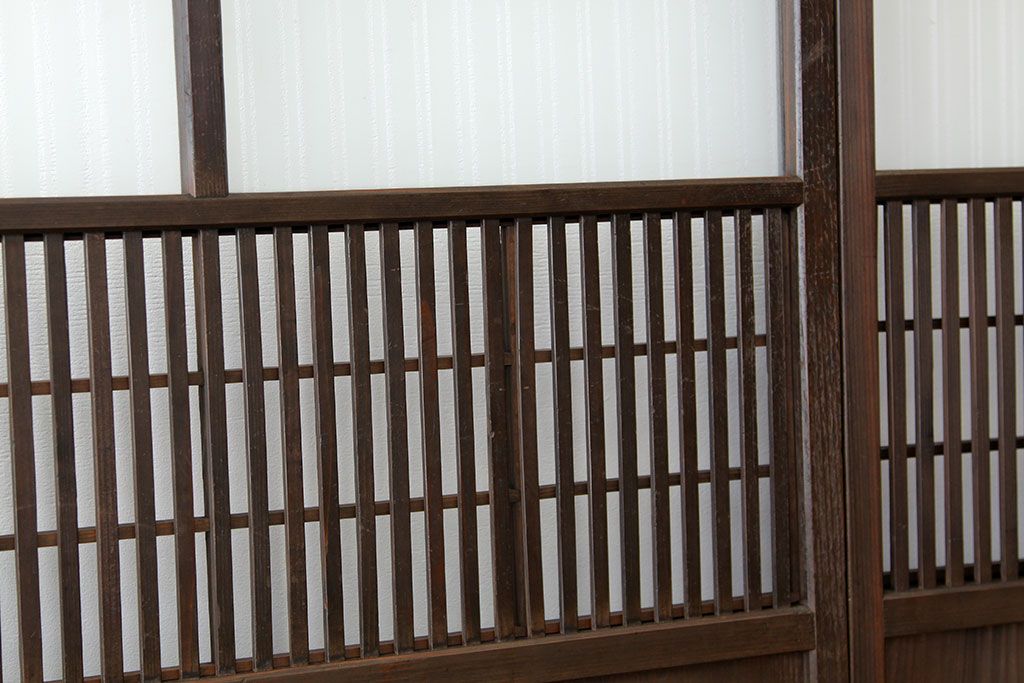 古民具・骨董　古い木のシックな裏障子付き格子4枚セット(引き戸・建具)