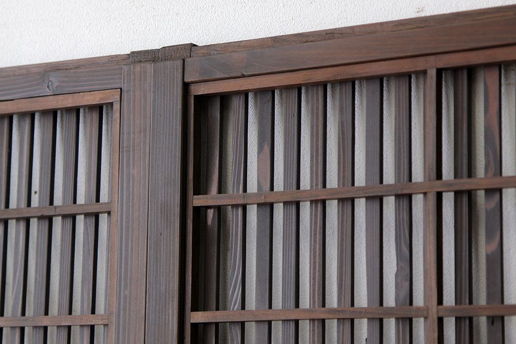 古民具・骨董　古い木のシックな裏障子付き格子4枚セット(引き戸・建具)
