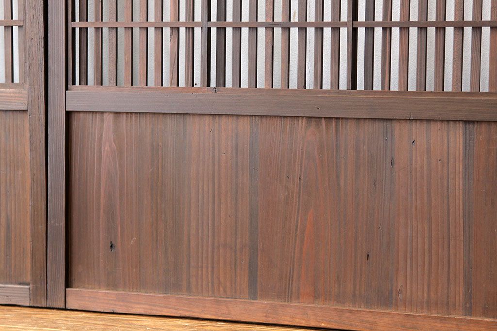 古民具・骨董　古い木のシックな裏障子付き格子4枚セット(引き戸・建具)