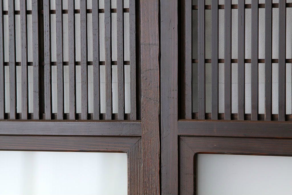 古民具・骨董　古い木の裏障子付き格子4枚セット(引き戸・建具)