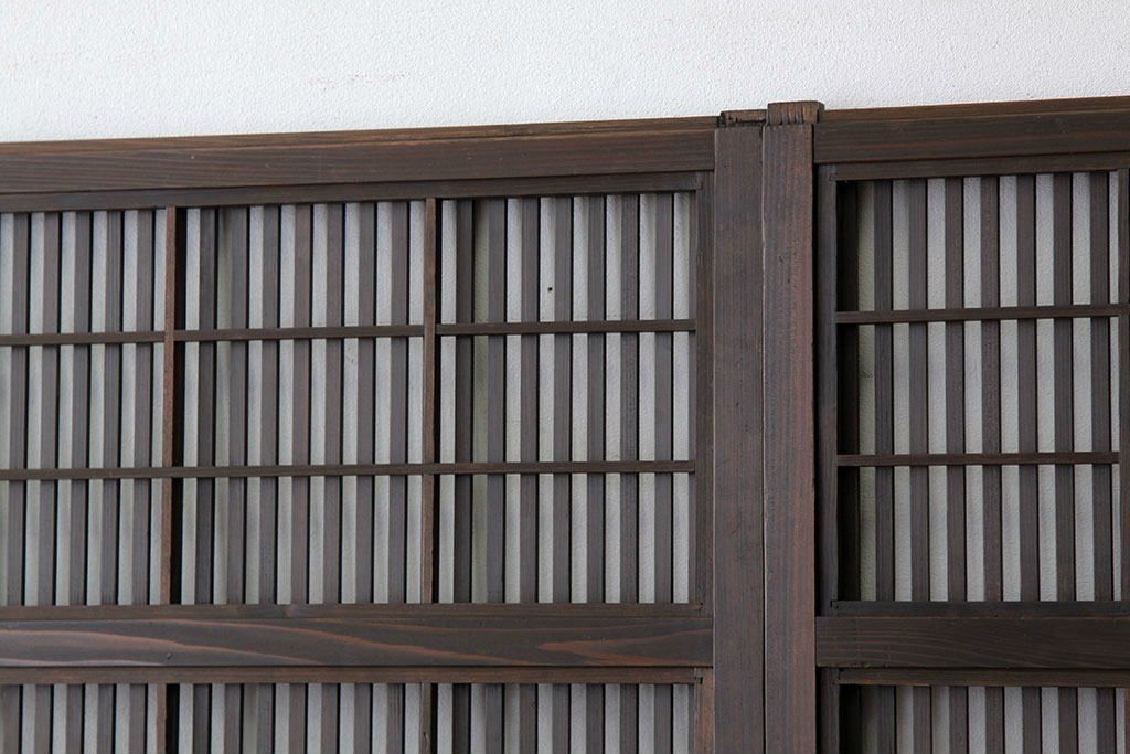 古民具・骨董　古い木の裏障子付き格子4枚セット(引き戸・建具)