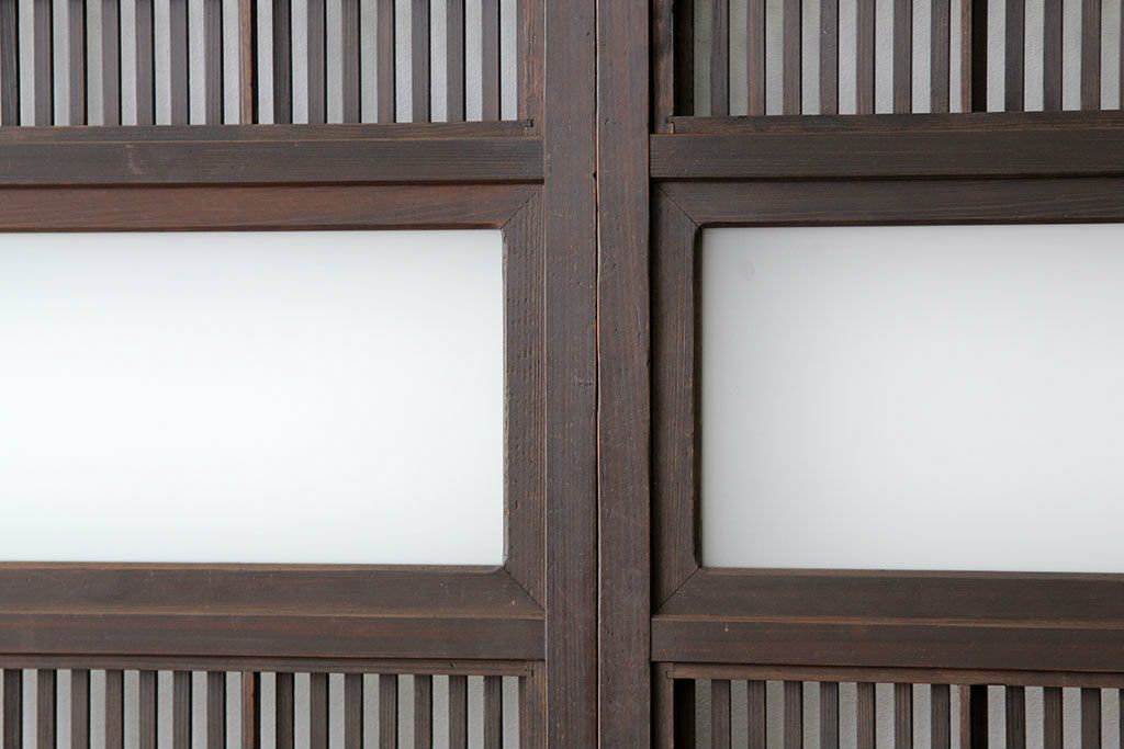 古民具・骨董　古い木の裏障子付き格子4枚セット(引き戸・建具)