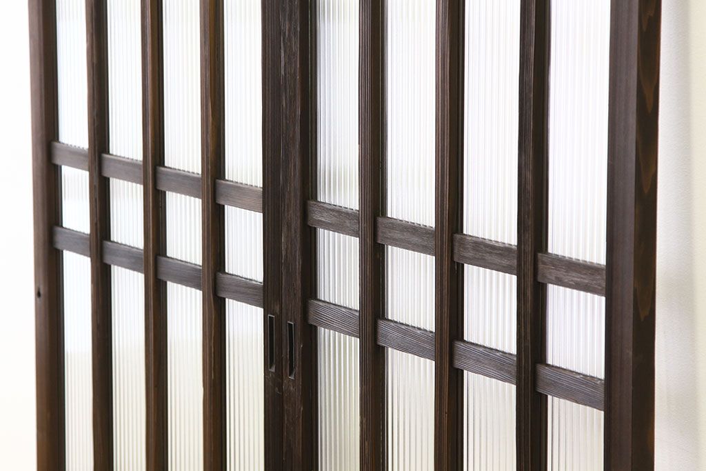 アンティーク　古い木のモールガラス格子戸2枚セット(ガラス戸・引き戸)