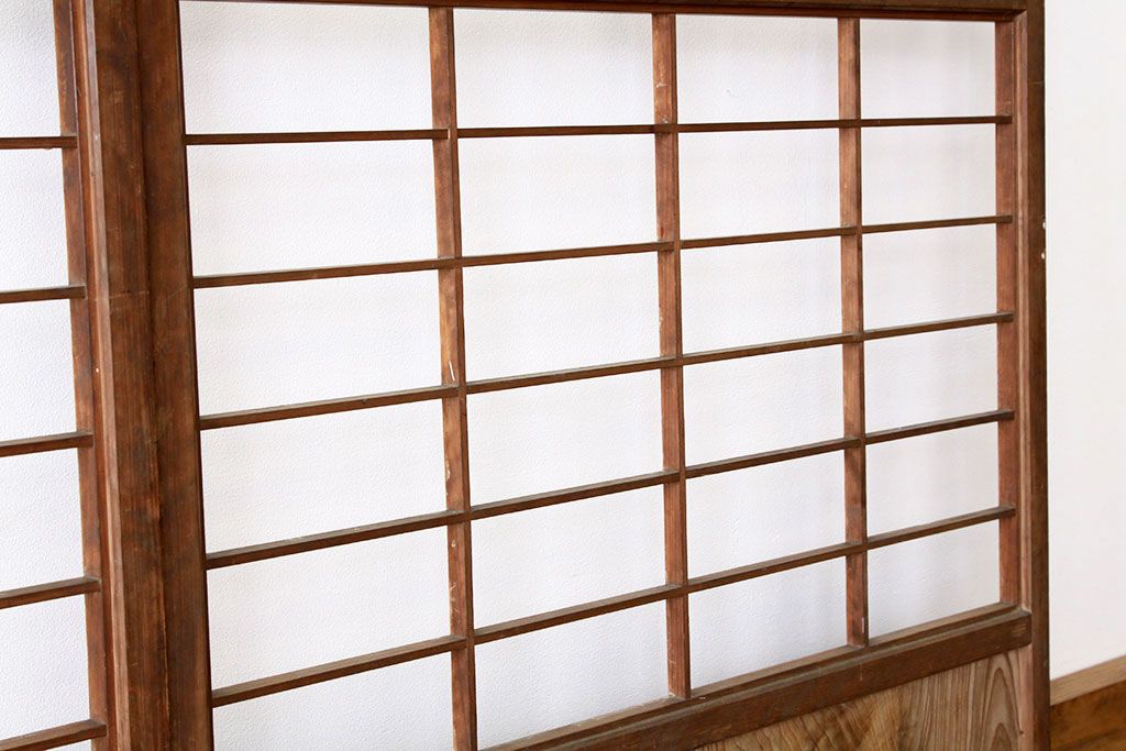 アンティーク　色ガラス入り木味のシンプルな障子戸4枚セット(引き戸・格子戸)