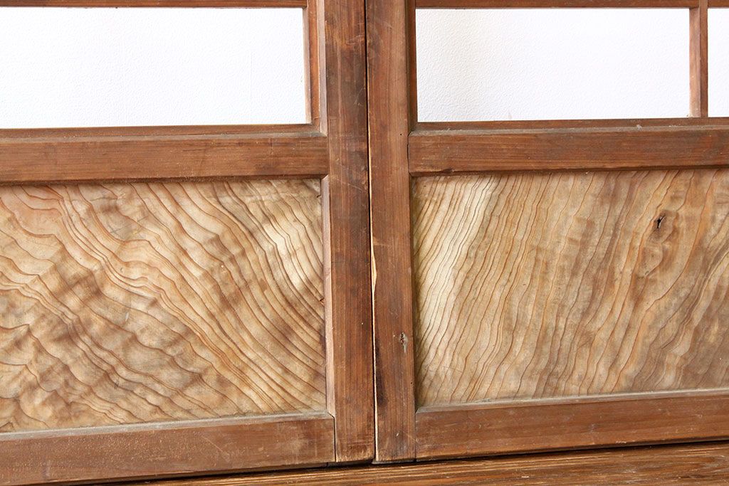 アンティーク　色ガラス入り木味のシンプルな障子戸4枚セット(引き戸・格子戸)