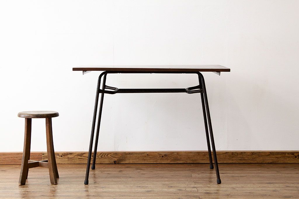 レトロ家具 アンティーク 天板無垢板の鉄脚テーブル(4)アイアン作業台