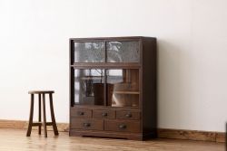レトロ家具　昭和レトロ　古い木のアンティーク結霜ガラス収納棚(茶箪笥)